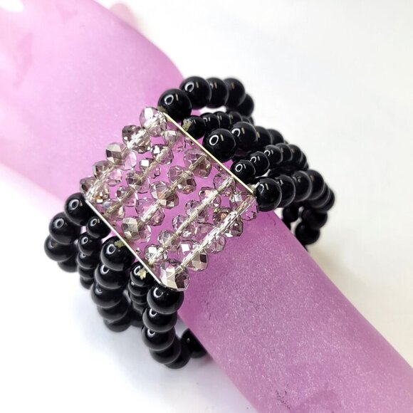 Black Faux Pearl Stretch Bracelet 5 Strand Wide Faux Pearl Elastic Bracelet - Picture 2 of 9